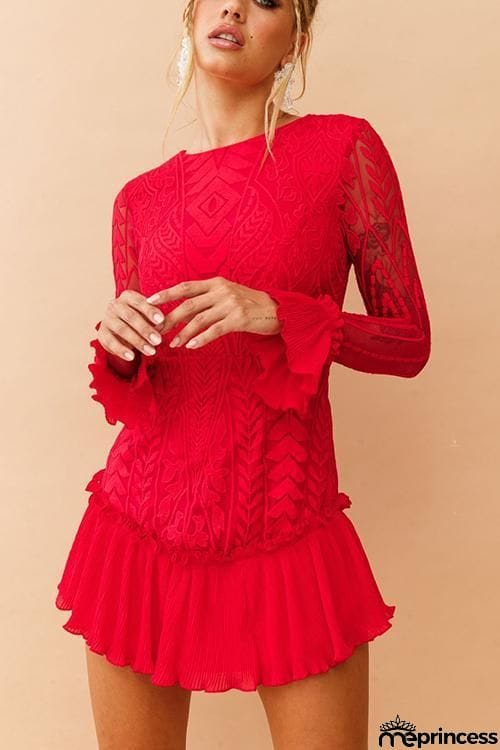 Lace Pleated Long Sleeve Ruffle Dress