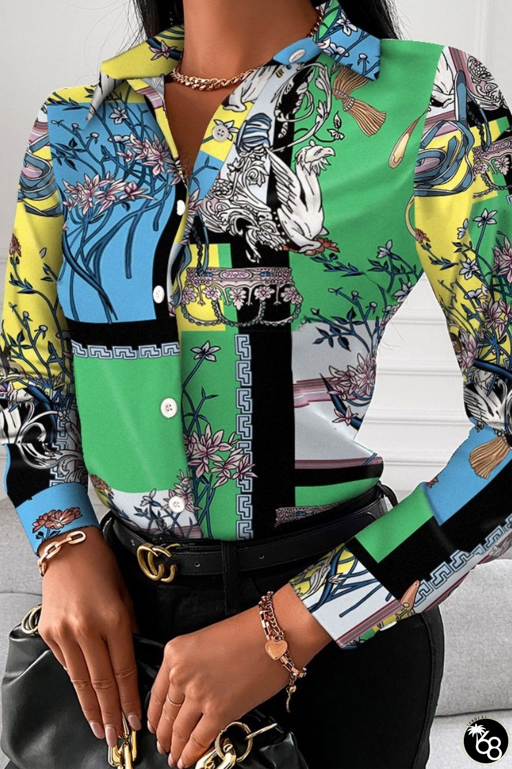 Green Casual Print Patchwork Shirt Collar Tops | 168DEAL