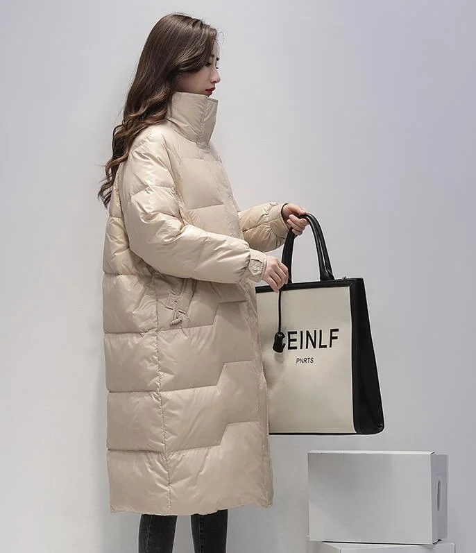 Ailegogo Winter Stand Collar Long Jacket Women White Duck Down Coat Blue Loose Waterproof Parka Female Thick Warm Snow Outerwer