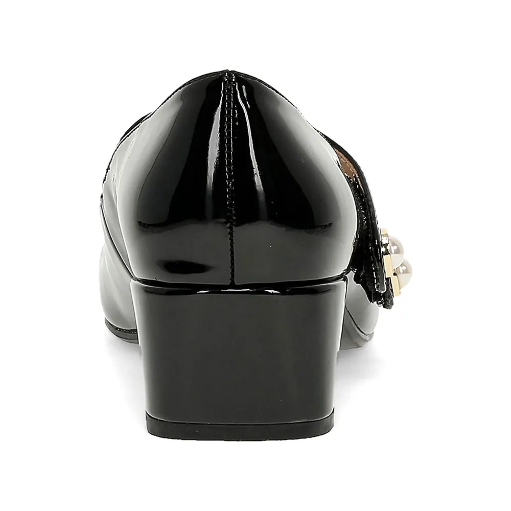 Black Patent Leather Square Toe Double Strap Pearl Heeled Mary Janes