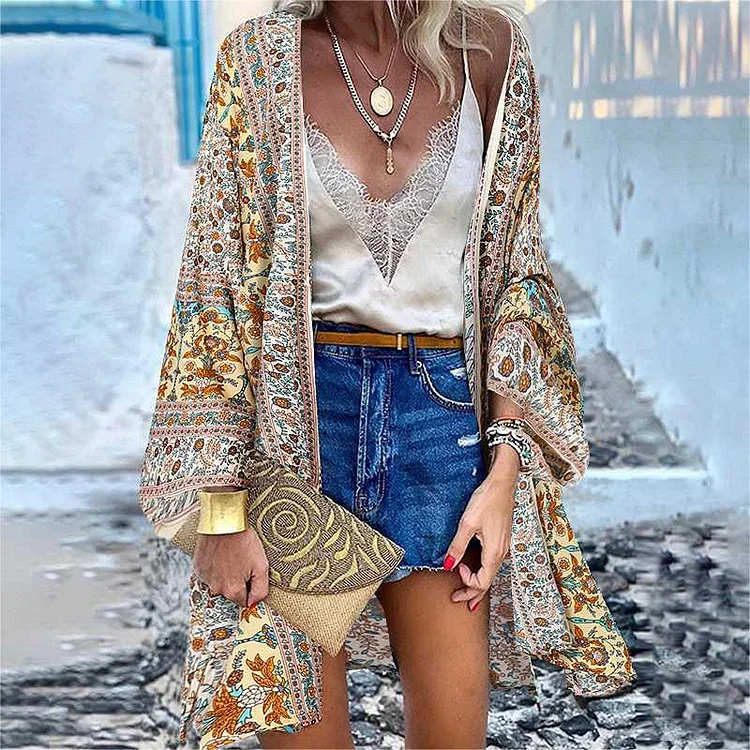VChics Fashion Floral Print Dolman Sleeve Casual Kimono
