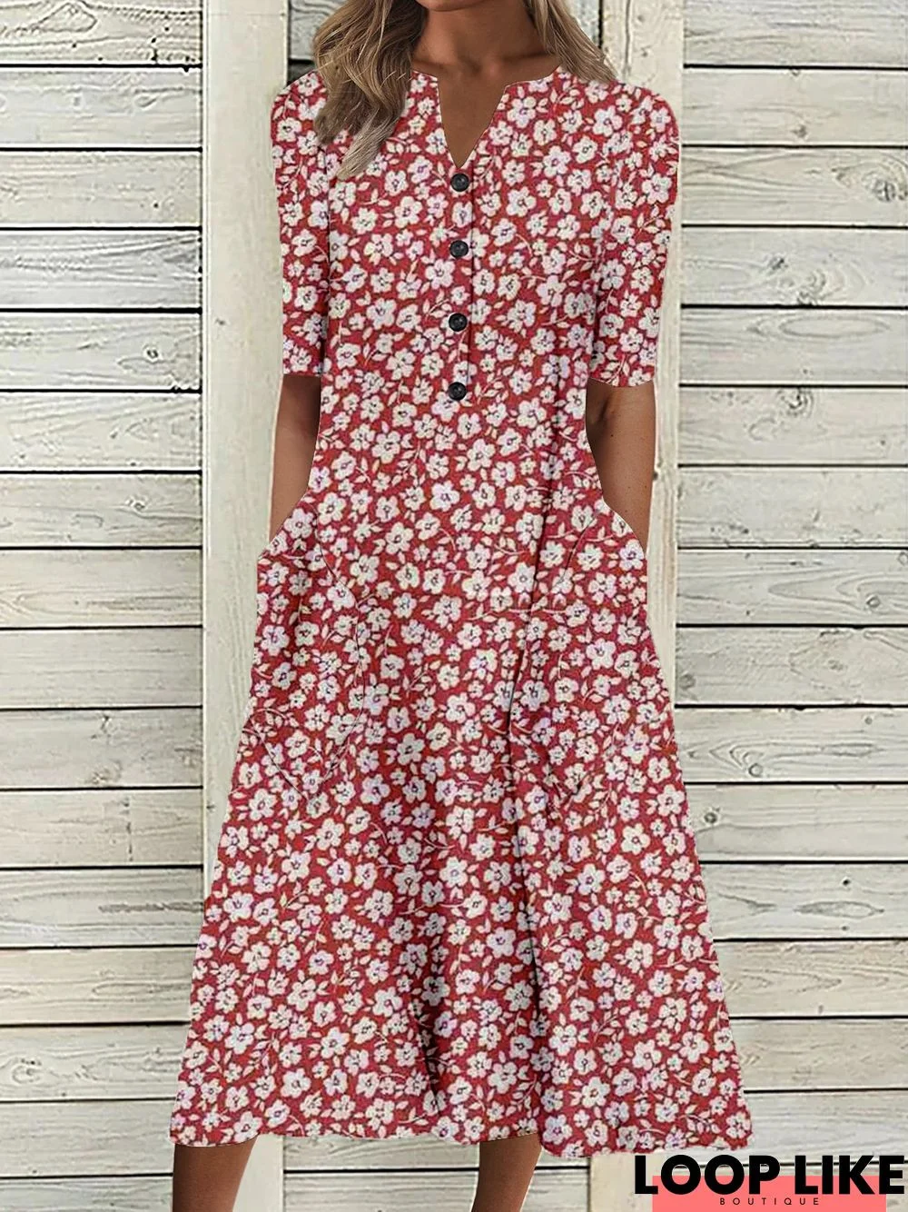 Floral Half Sleeve Buttoned Casual Woven Dress