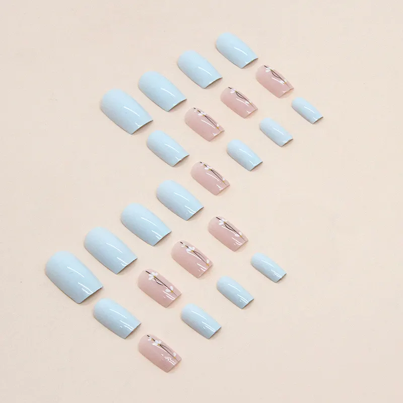 Churchf Churchf Elegant Blue Fresh Summer Nail European Square Type In The Long False Nails Lovely Flowers Wear Nail Piece