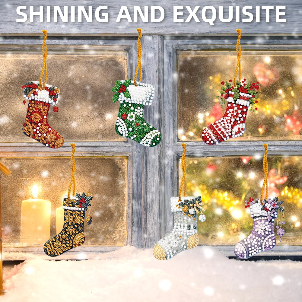 6pcs Xmas Stockings 2D Flat DIY Diamond Art Pendant Wall Door Decoration