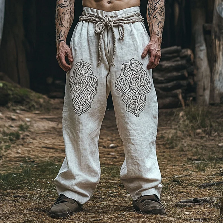 Men's Viking Rune Art Print Cotton And Linen Casual Pants