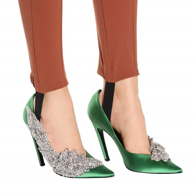 Green and Silver Sequin Satin Stiletto Heels for Prom or Party Vdcoo