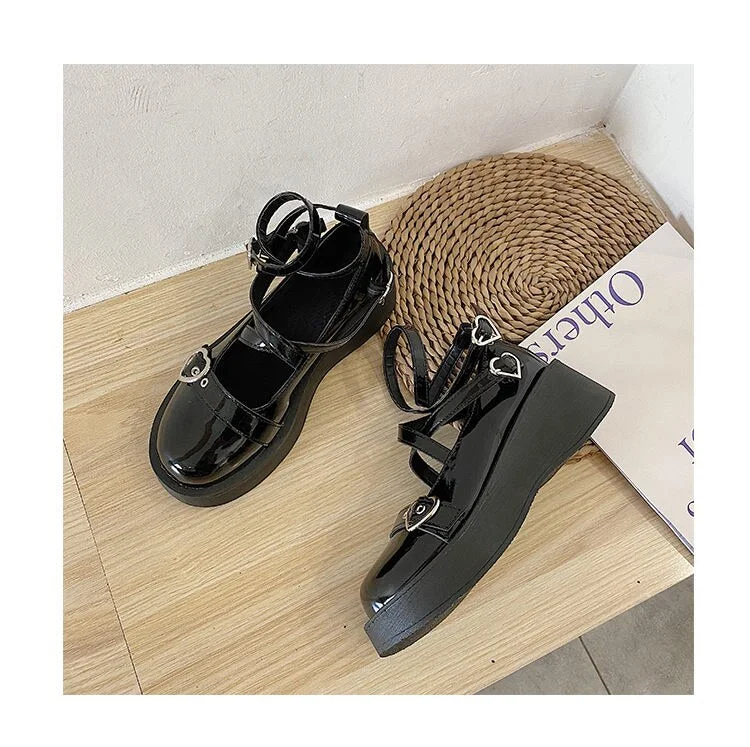 Platform Lolita Shoes Japanese Style Women Soft Leather Heel Shoes 2021 Ladies College Student Black Mary Jane Shoes Goth Punk