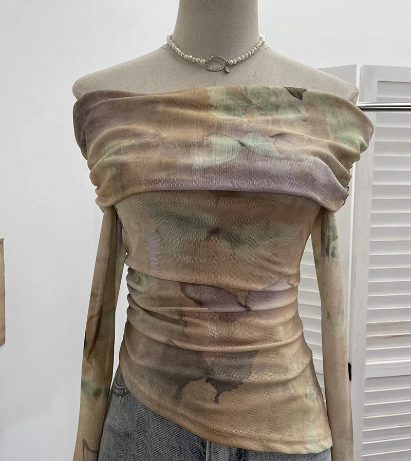 Uveng Real Shooting Design Dizzling A Word On The Shoulder Of The Women's Net Exposed Shoulder Long Sleeves Irregularly Folded Short T-Shirt 1198