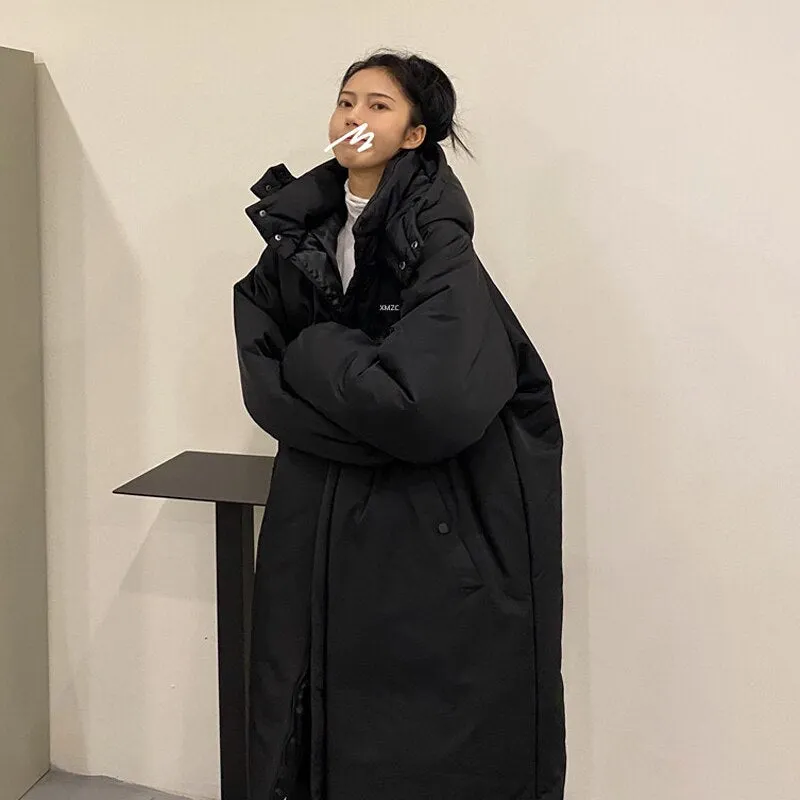 Korean Fashion Women Winter Coats Cotton-padded Long Parkas Black White Hooded Oversized Jackets Women Winter Clothes