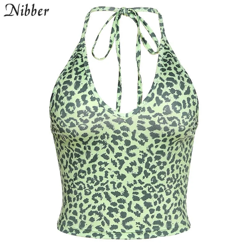 NIBEER Leopard print Sexy Party Tank Top Women Spaghetti backless Sleeveless Crop Top Y2K Summer skinny V-Neck Ladies camisole