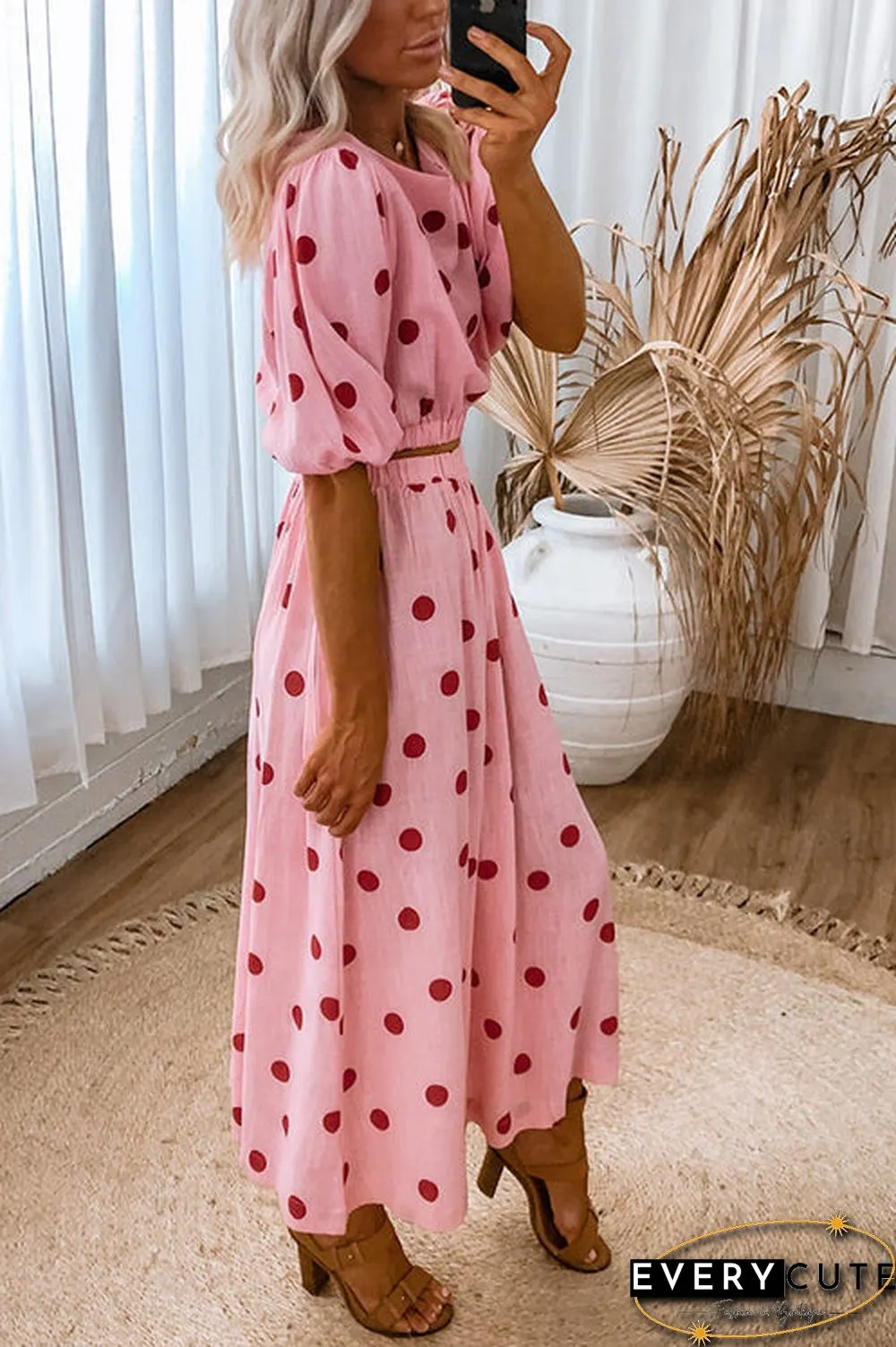 Polka Dot Puff Sleeve Maxi Skirts Set