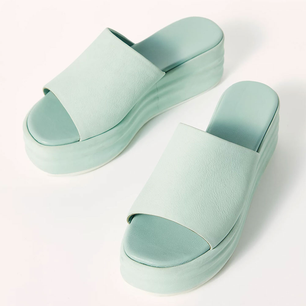 Light Green Vegan Leather Wedge Heel Open Toe Slides with Platform Nicepairs