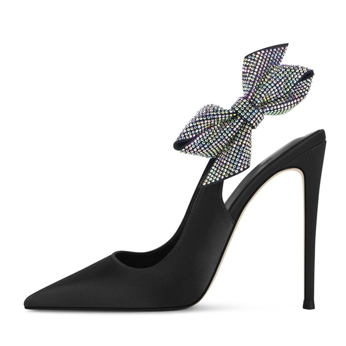 Black Satin Pointed Toe Stiletto Heel Slingback Pumps with Side Bow Nicepairs