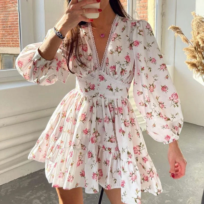 Uveng Uveng Women's Wear Temperament Sweet Floral High Waist Slim V Collar Short Long Sleeve Winter Dress