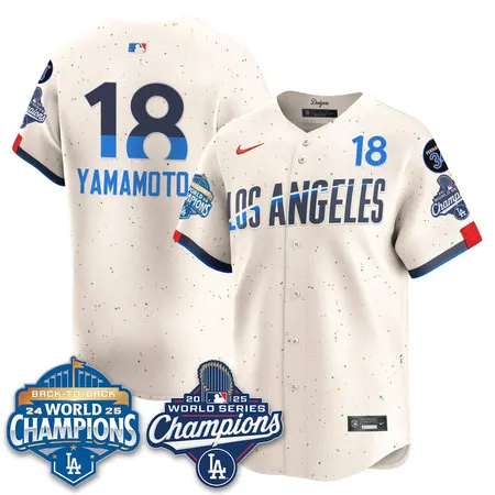 Men's Los Angeles Dodgers #18 Yoshinobu Yamamoto Cream 2025 World Series Champions Jersey