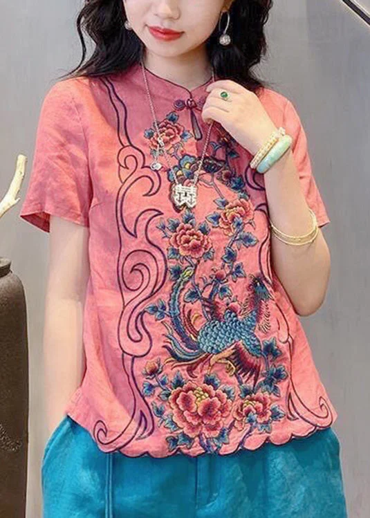 Casual Pink Stand Collar Embroideried Button Linen Top Short Sleeve
