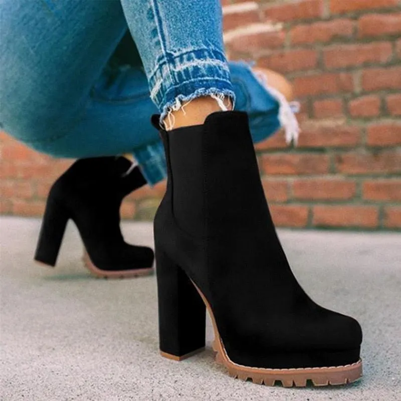 Women's Boots Pointed High Heels Shoes Solid Color Leather Ankle Boots Female Boots Fashion Thick Heel Side Zipper Women Shoes