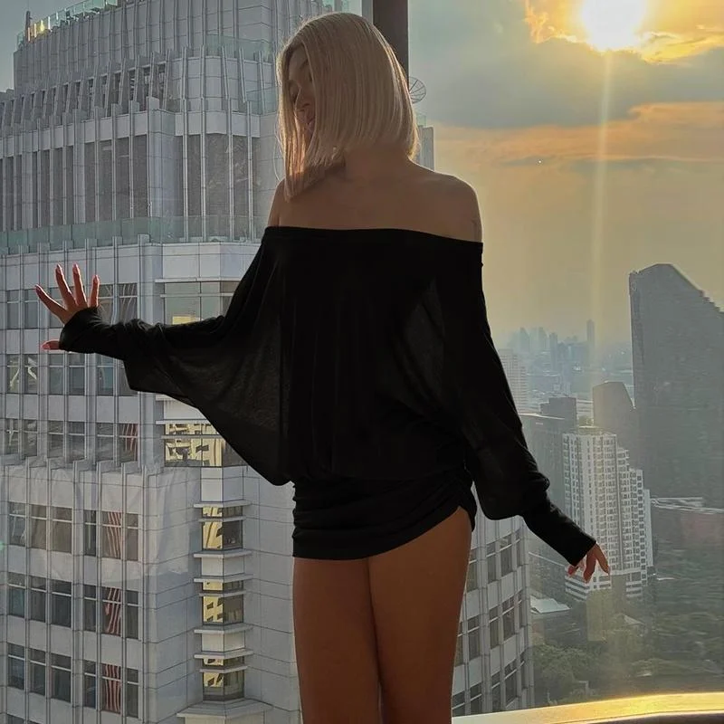 Women's Off The Shoulder Ruched Party Dress Sheer Long Sleeve Mini Dress Elegant Bodycon Dresses for Spring Fall Womenswear