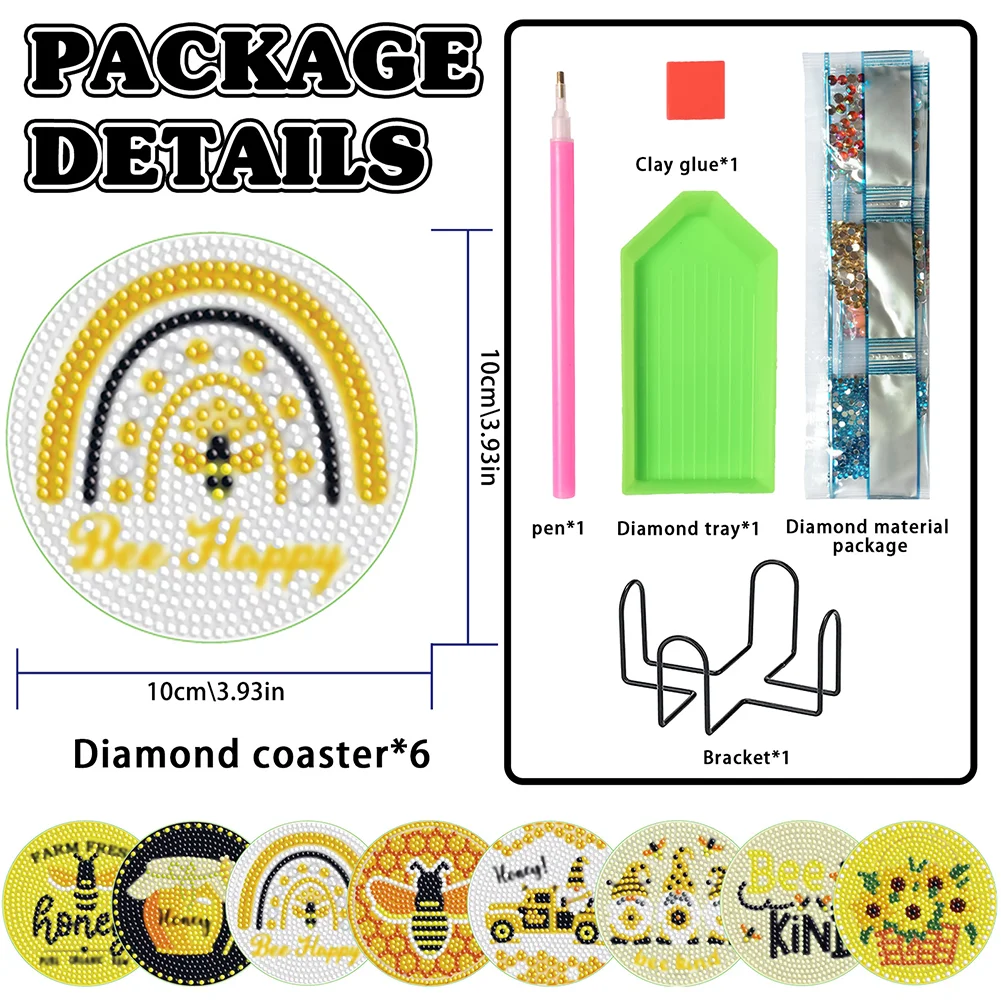 8pcs DIY Bee Diamond Crafts Coasters with Holder Wooden DIY Coaster