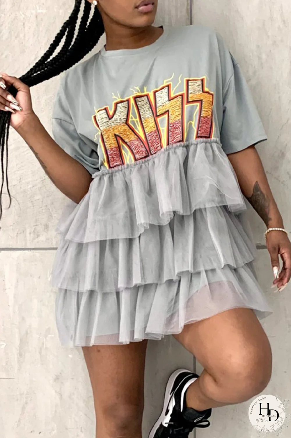 Blue Casual Print Letter O Neck Cake Skirt Dresses