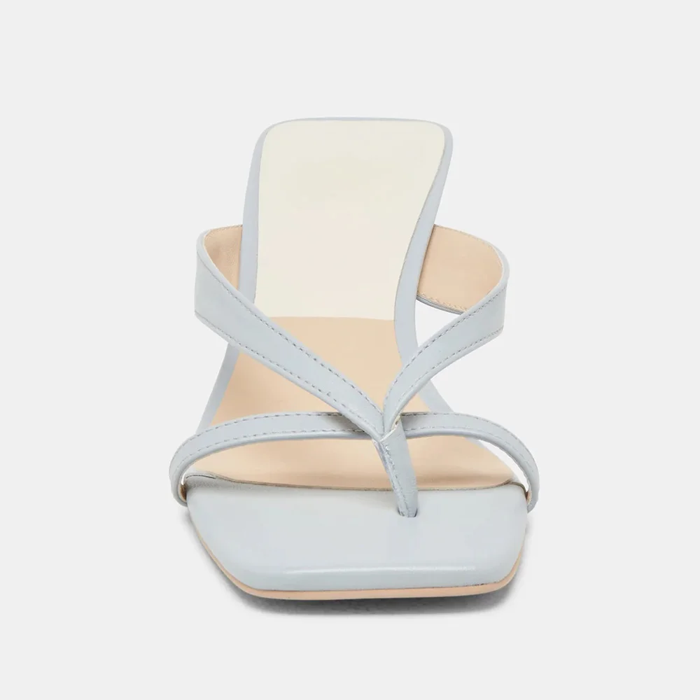 Light Blue Vegan Leather Open Square Toe Low Heel Sandals By YDN