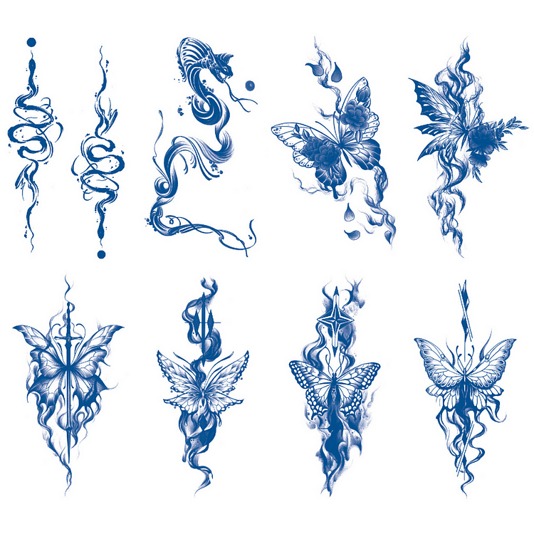 8 Sheets Butterfly Art Designs Half Arm Juice Ink Semi-Permanent Tattoo Lasts 15 days
