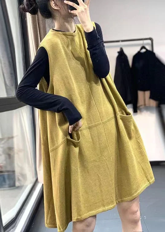 Loose Yellow O Neck Pockets Knitting Cotton Mid Dress Sleeveless