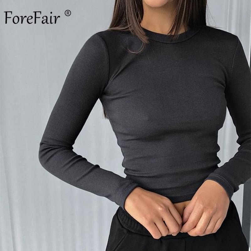 Forefair 2021 Autumn Long Sleeve Knitted Women T Shirt Basic Solid Skinny O Neck Streetwear Casual Female Crop Tops Tees
