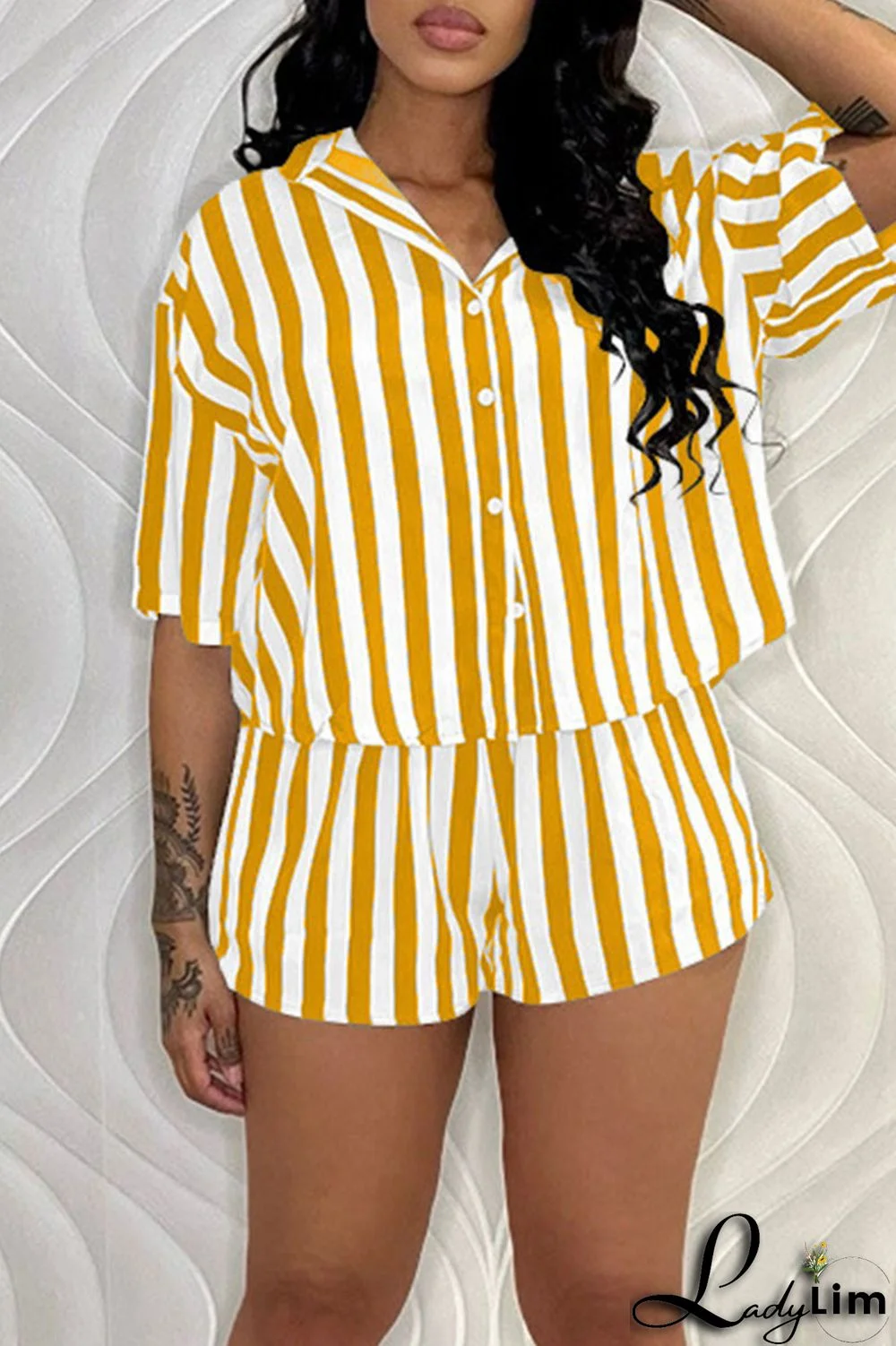 Yellow Casual Striped Print Patchwork Buckle Turndown Collar Short Sleeve Two Pieces