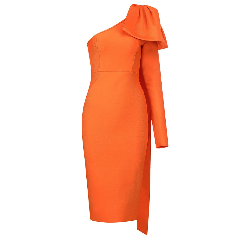 Brownm Women's New One-Shoulder Long-Sleeved Bow Dress Bandage Dress Tilted Shoulders