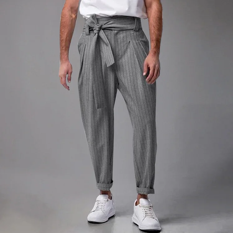 Casual Pinstriped Lace Up Mid Rise Tapered Pants 