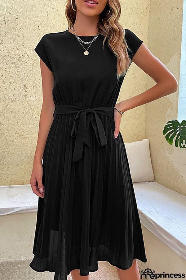 Summer vacation women's tie-up solid color pleated dress