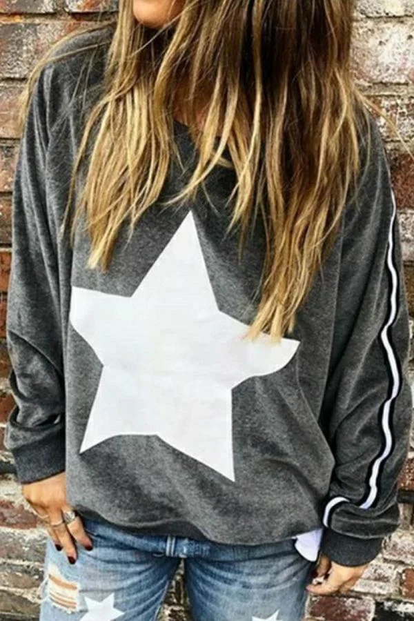 Sporty Round Neck Star Long Sleeve Sweatshirt-Allyzone-Allyzone