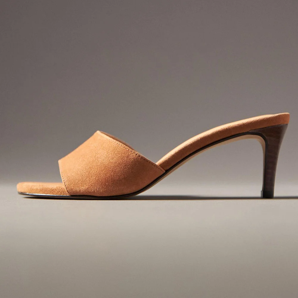 YDN Classic Vegan Suede Open-Toe Kitten Heeled Mules in Tan