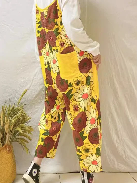 Women's Floral Printed Casual Retro Cropped Workwear Denim Overalls Jumpsuit