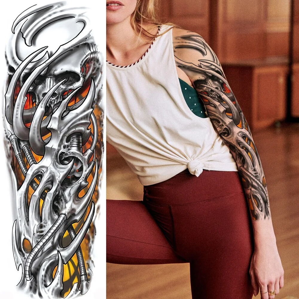 Sdrawing Totem Tattoo Arm Sleeve For Men Women Adult Realistic Fake Skeleton King Temporary Tattoo Evil Eye Demon Death Skull Tatoo