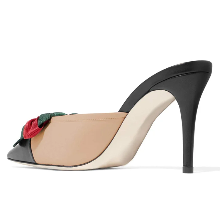 Women's Black and Nude Bow Stiletto Heel Mule Pumps |FSJ Shoes