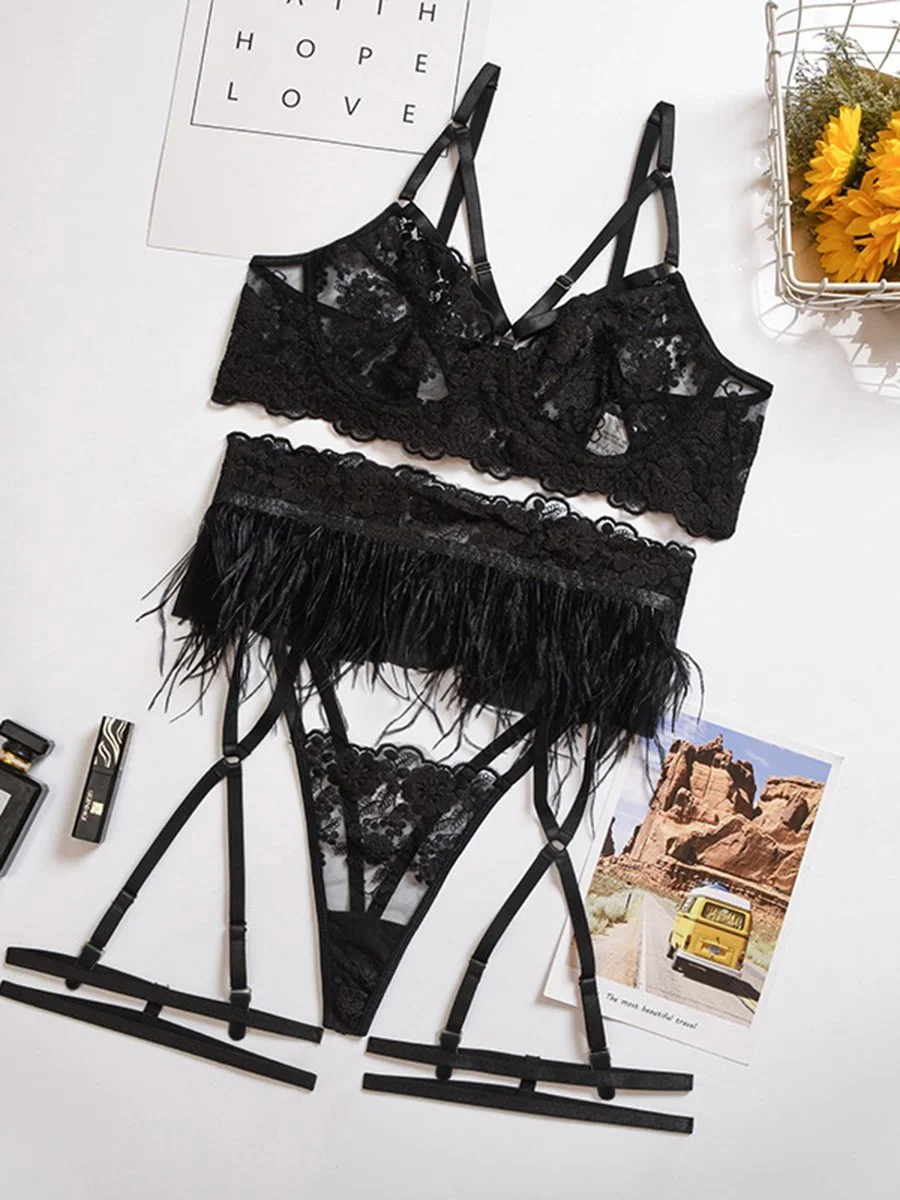 Three-piece lace and feather embroidered underwear