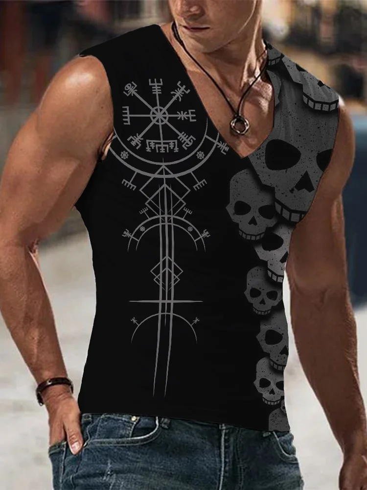 Men's Viking Vegvisir Skulls Graphic V Neck Tank Top