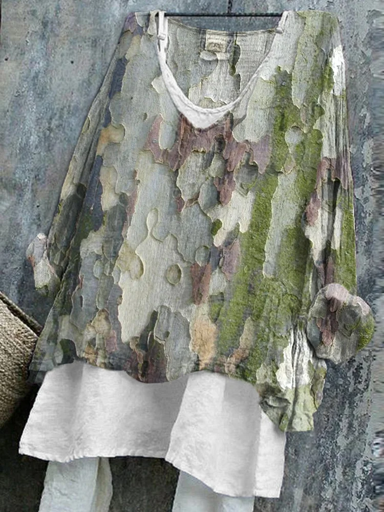 Women's Western Textured Art Print Linen Blend Vintage Shirt