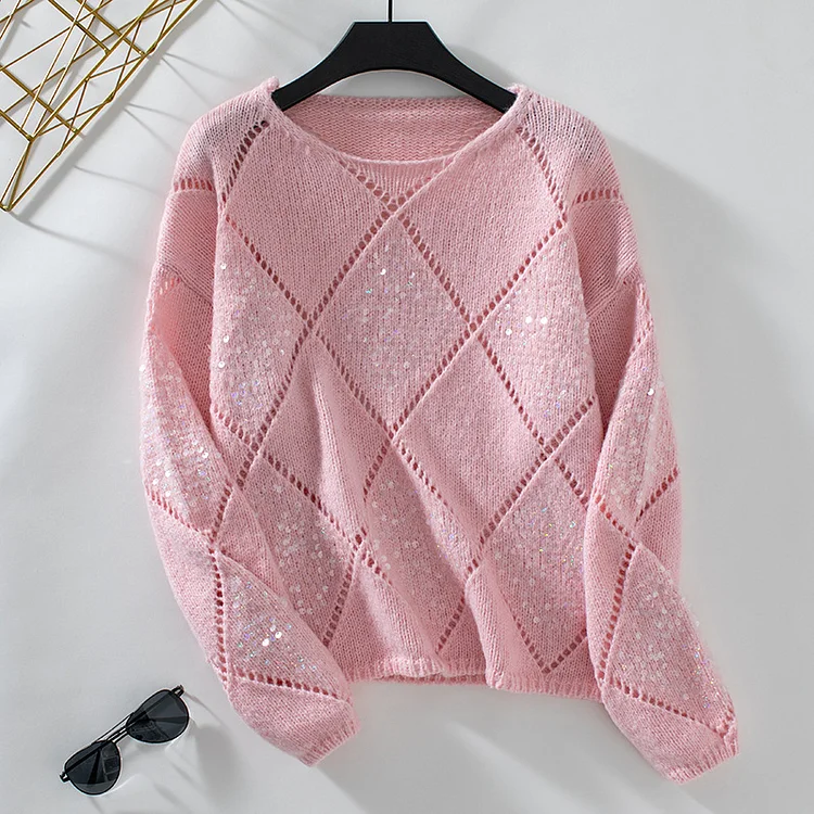 Women's Autumn Sweater Hollow Out Knitted Sweater Loose Fitting Pullover Grid Sequin Sweater