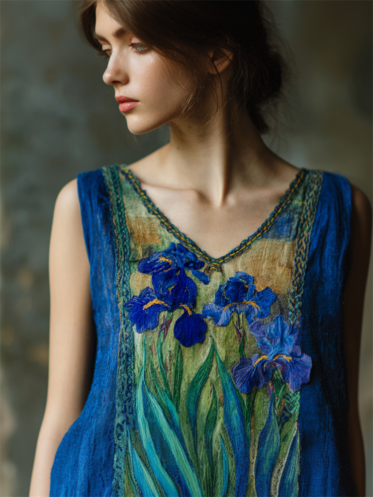 Oil Painting Irises Embroidered Patchwork Linen Tank Top  artssus