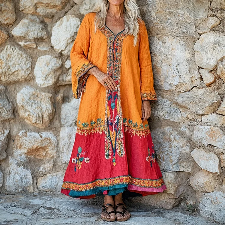 Women's Flower Embroidery Ethnic Print V-neck Loose Midi Dress