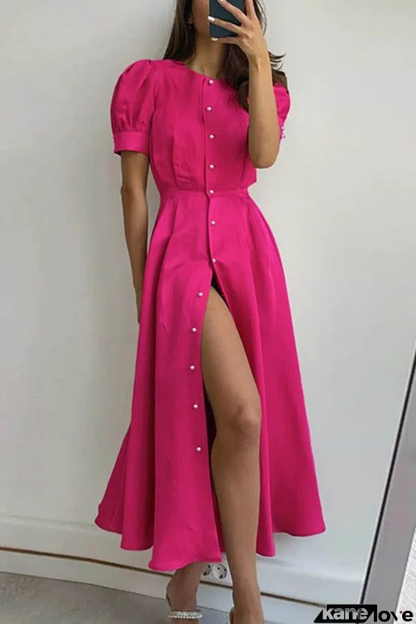 Chic and Classy Vibe Puff Sleeve Pearl Button Slit Midi Dress