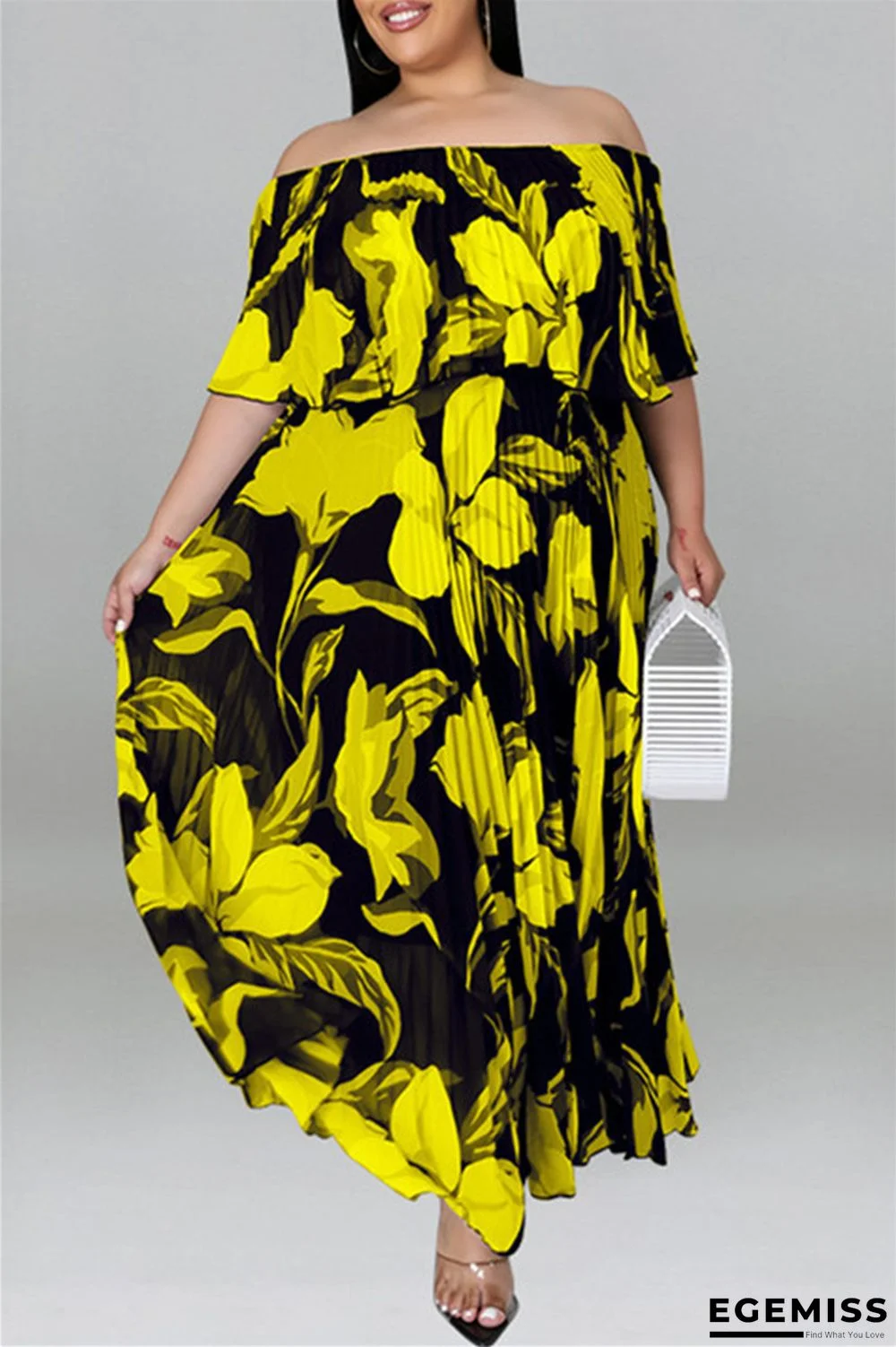 Black Yellow Fashion Casual Plus Size Print Patchwork Backless Off the Shoulder Long Dress | EGEMISS