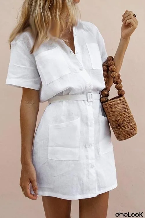 Pockets Button Mini Shirt Dress