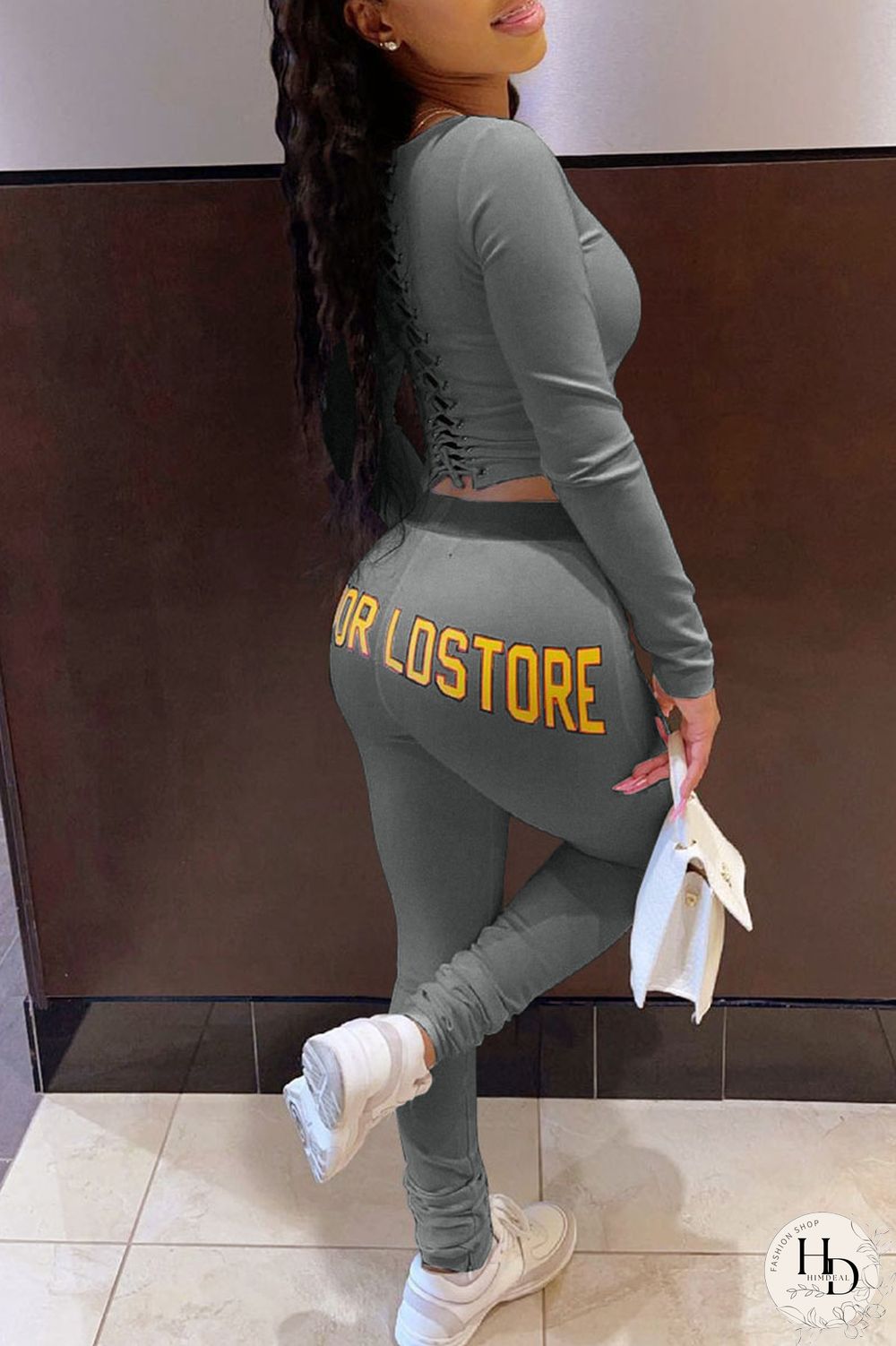 Black Sexy Print Bandage Hollowed Out Split Joint O Neck Long Sleeve Two Pieces