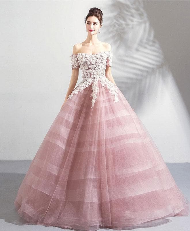 Pink Off Shoulder Lace Tulle Long Prom Dress, Pink Tulle Evening Dress