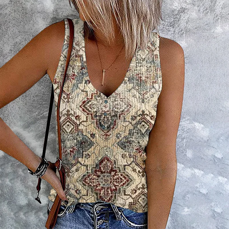 Fashion V-Neck Western Print Sleeveless Tank Top