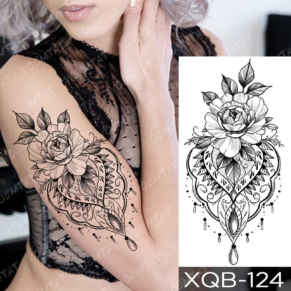 Waterproof Temporary Tattoo Sticker Lace Rose Flowers Lotus Flash Tattoos Wolf Moon Snake Body Art Arm Fake Sleeve Tatoo Women